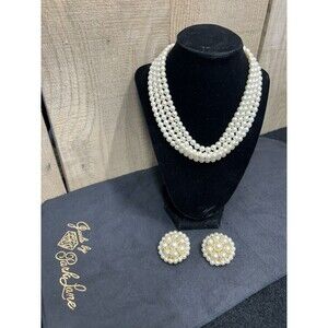 Vintage Park Lane 4 Strand Faux Pearl Choker Necklace And Cluster Earrings J167